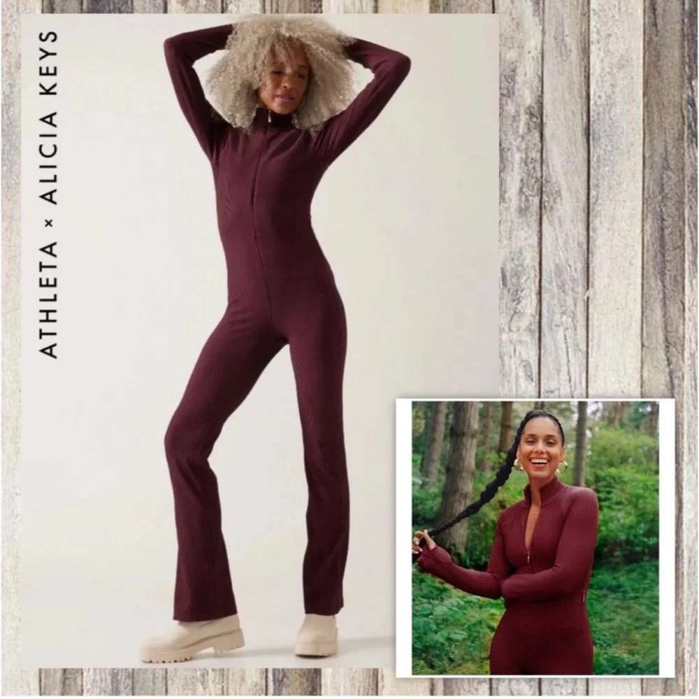 Athleta Alicia Keys Jumpsuit Womens Medium Burgundy Ribbed Mock‎ Neck 450639-01